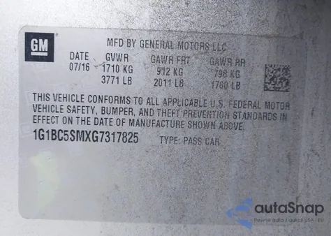 2016 Chevrolet Cruze Ls Auto из США, поврежденный, VIN 1G1BC5SMXG7317825